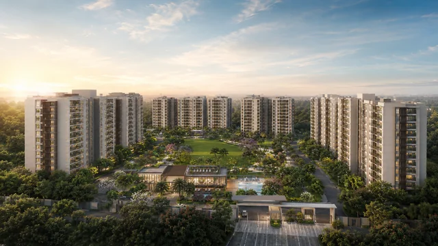 Sattva Codename Jigani Gallery Image The three towers at Sattva Codename Jigani seen across the landscaped central green, artist impression